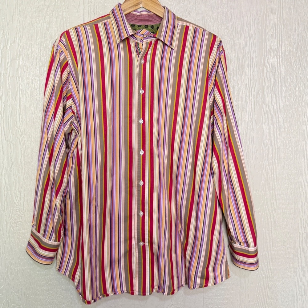 Synergy Mens XL Long Sleeve Button Down Shirt Multi Color Vertical Stripe Cotton